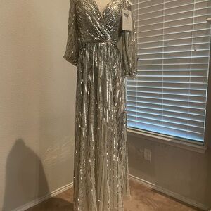 Mac Duggal Silver Plunge Gown with Bishop Sleeves